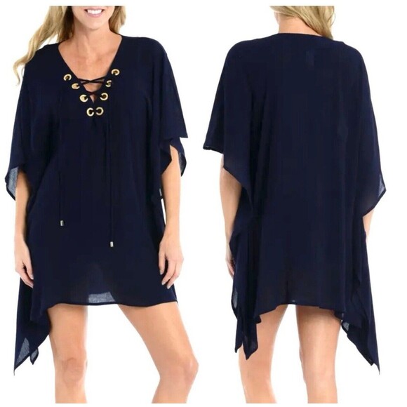 La Blanca Capri Lace Up Caftan Swim Cover-Up In Navy Blue Sz Sm New - Picture 1 of 8
